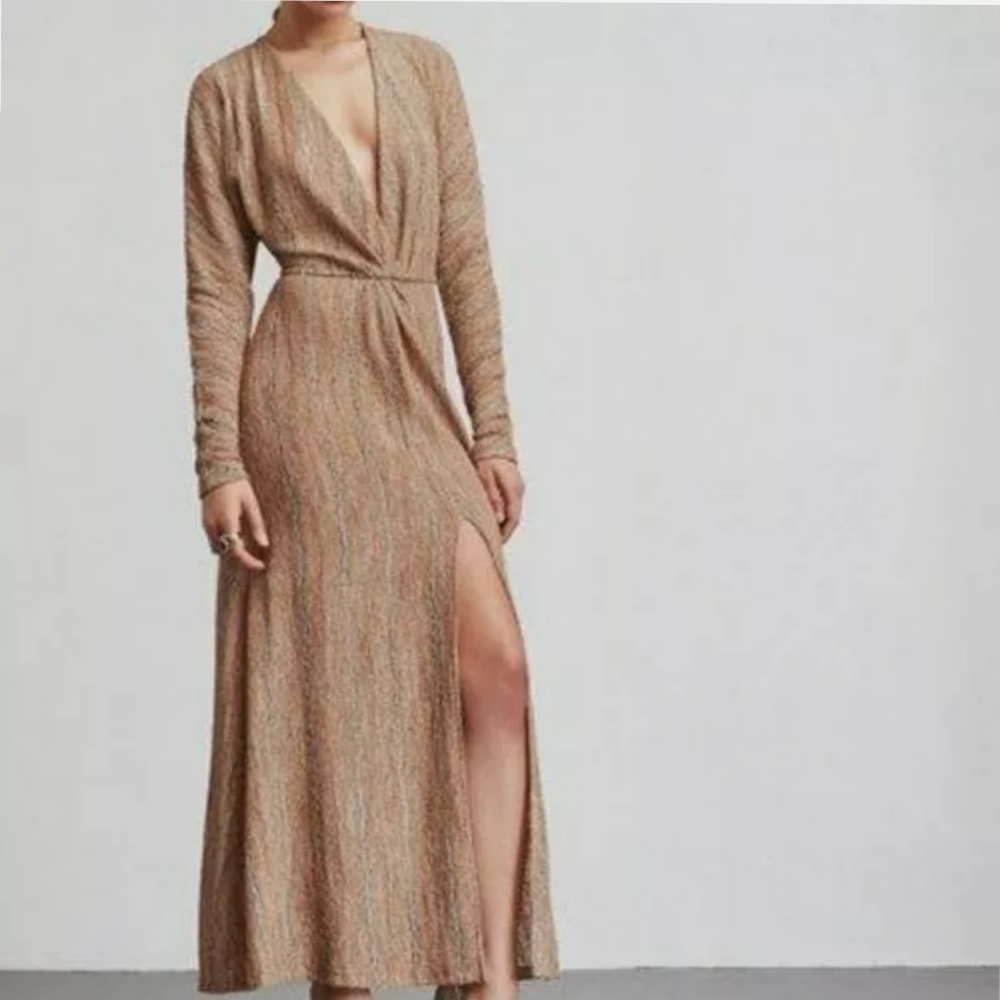 Reformation Gold Sparkle Orion Deep V Slit Dress S